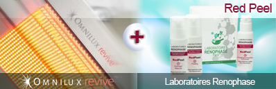 Visuel combination d'Omnilux Revive avec le RedPeel des laboratoires Renophase. Pour un traitement de rajeunissement et de revitalisation, une densification cutan�e visage et cou.